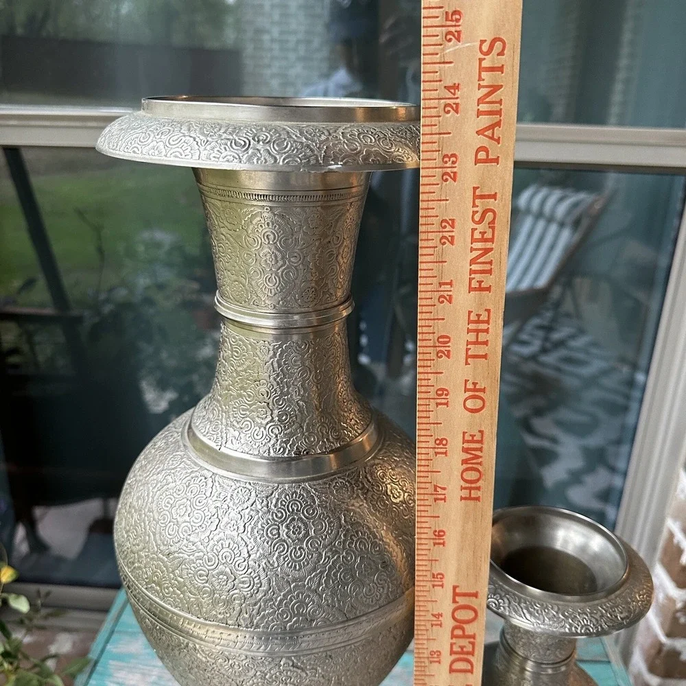 VTG Ornate Vases India Persian Middle‎ East Nickel Brass 14-24 Inch Two Item Set